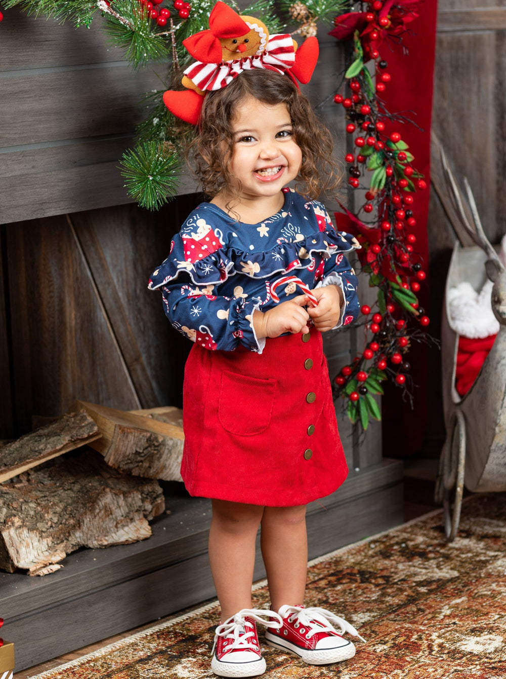 Cute Winter Sets | Girls Cocoa Ruffle Top Faux Button Pocket Skirt Set