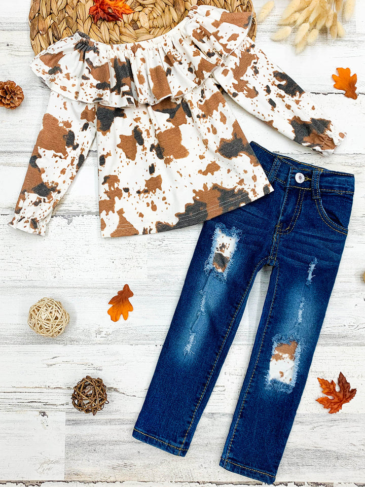 Cute Outfits For Girls | Cow Print Top and Patched Jeans Set