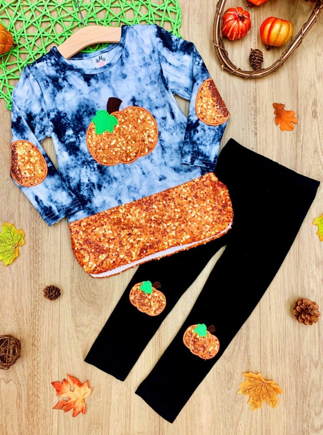 Girls Fall Outfits | Pumpkin Glitter Legging Set - Mia Belle Girls