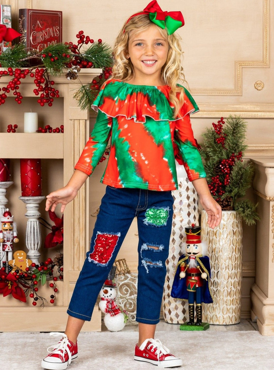 Cute Winter Sets | Girls Tie Dye Ruffle Top & Sequin Patched Jeans Set