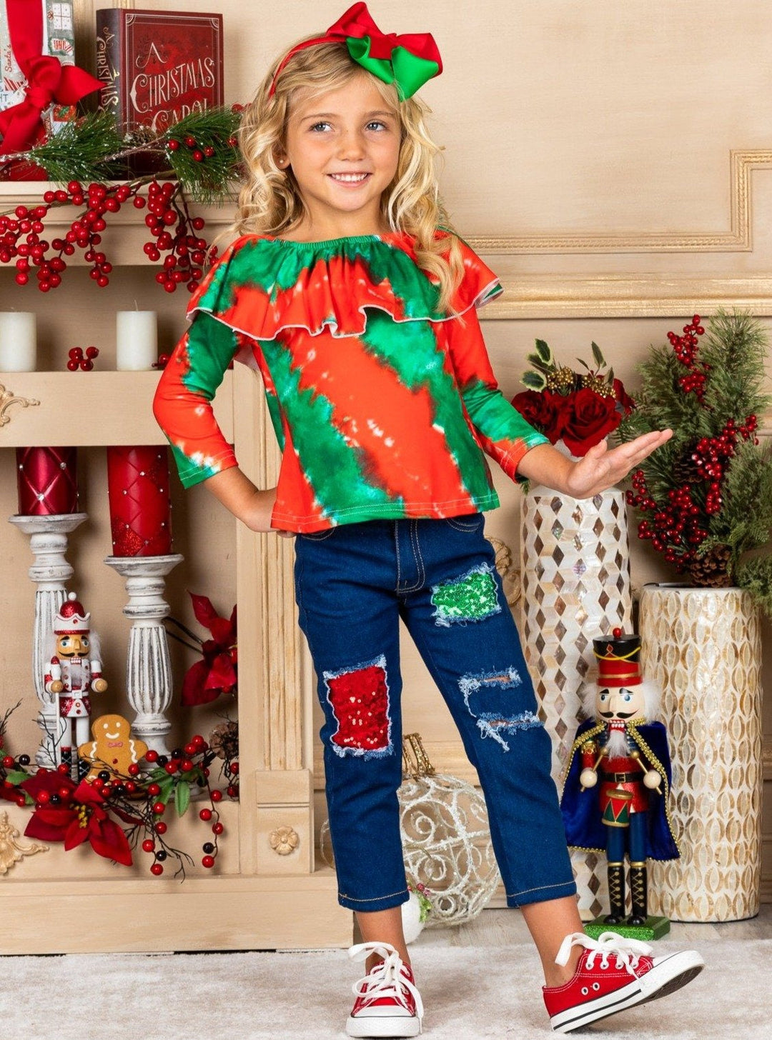 Cute Winter Sets | Girls Tie Dye Ruffle Top & Sequin Patched Jeans Set