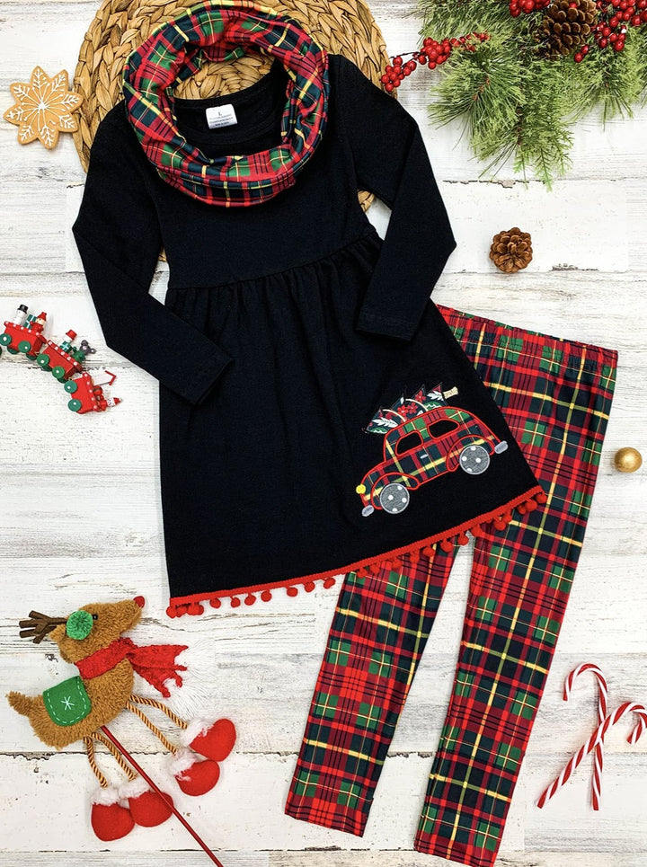 Cute Winter Sets | Girls Christmas Tunic, Plaid Scarf & Legging Set