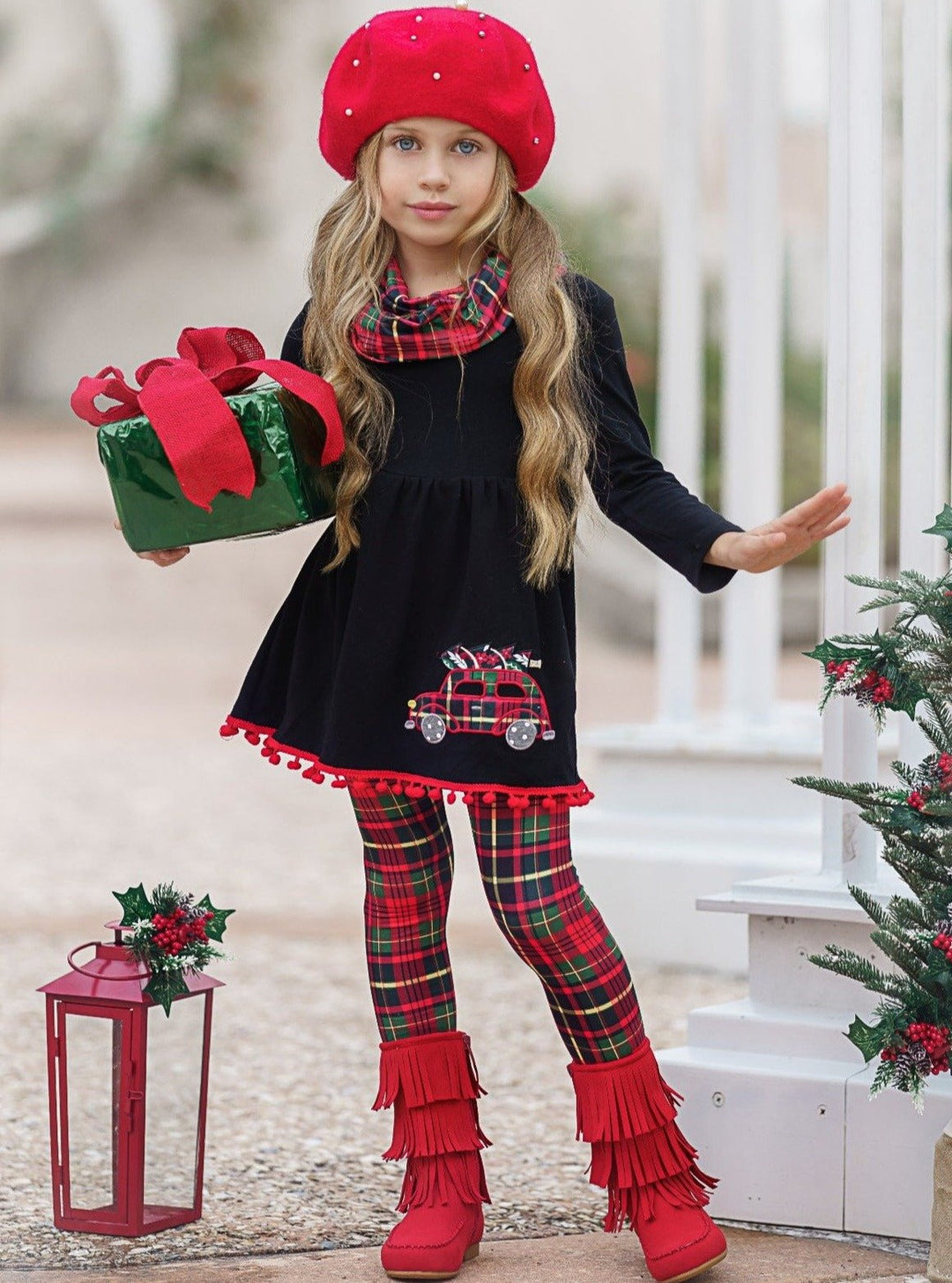 Cute Winter Sets | Girls Christmas Tunic, Plaid Scarf & Legging Set