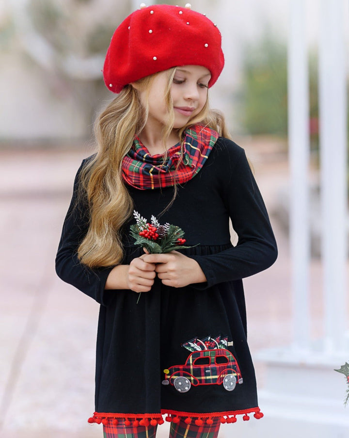 Cute Winter Sets | Girls Christmas Tunic, Plaid Scarf & Legging Set