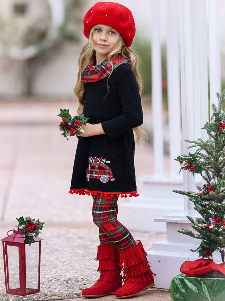 Cute Winter Sets | Girls Christmas Tunic, Plaid Scarf & Legging Set