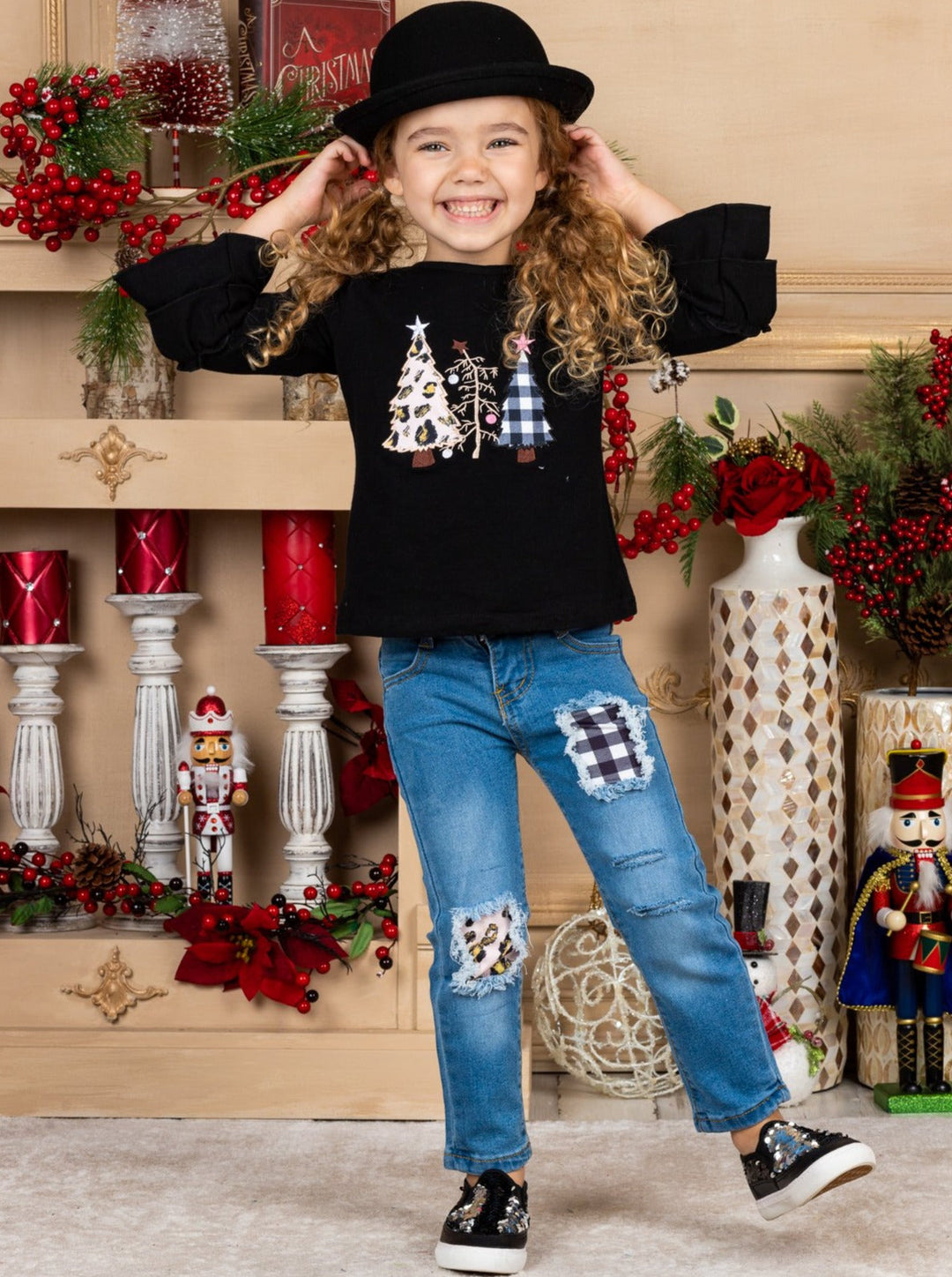 Cute Winter Sets | Christmas Trees Ruffled Tunic & Patched Jeans Set