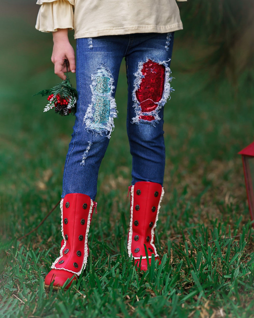 Cute Winter Sets | Girls The Magic Of Christmas Patched Jeans Set