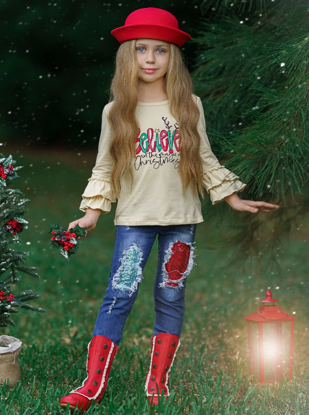 Cute Winter Sets | Girls The Magic Of Christmas Patched Jeans Set