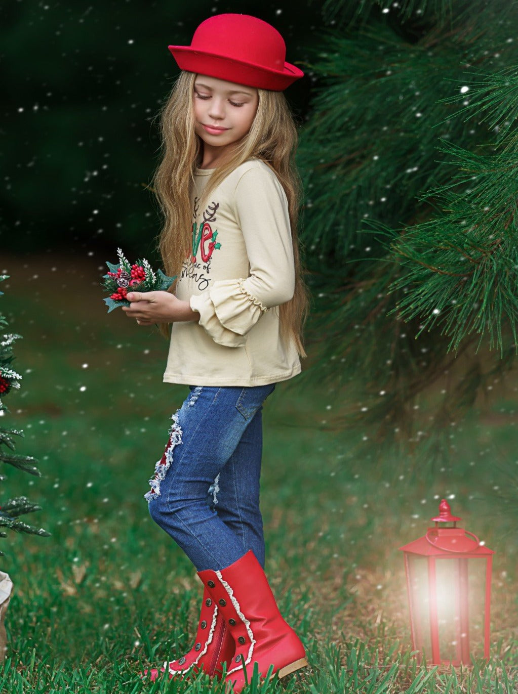 Cute Winter Sets | Girls The Magic Of Christmas Patched Jeans Set