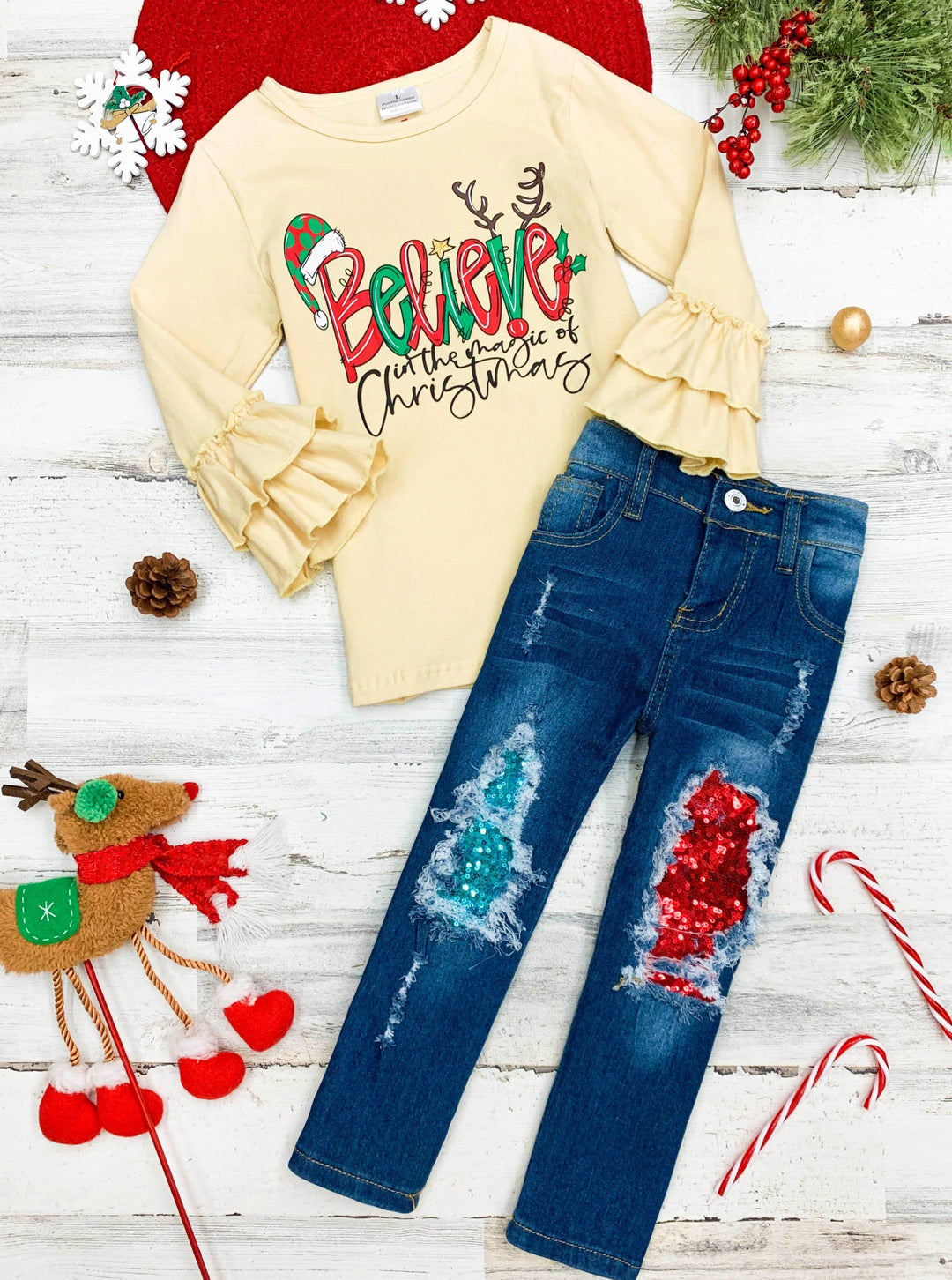 Cute Winter Sets | Girls The Magic Of Christmas Patched Jeans Set