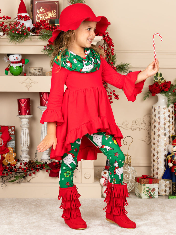 Cute Winter Sets | Girls Christmas Llama Tunic, Scarf, & Legging Set