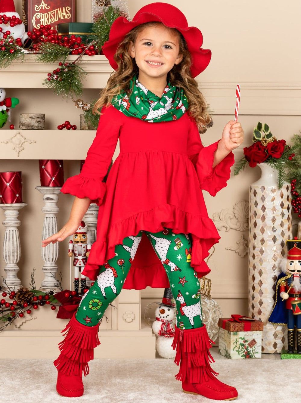 Cute Winter Sets | Girls Christmas Llama Tunic, Scarf, & Legging Set