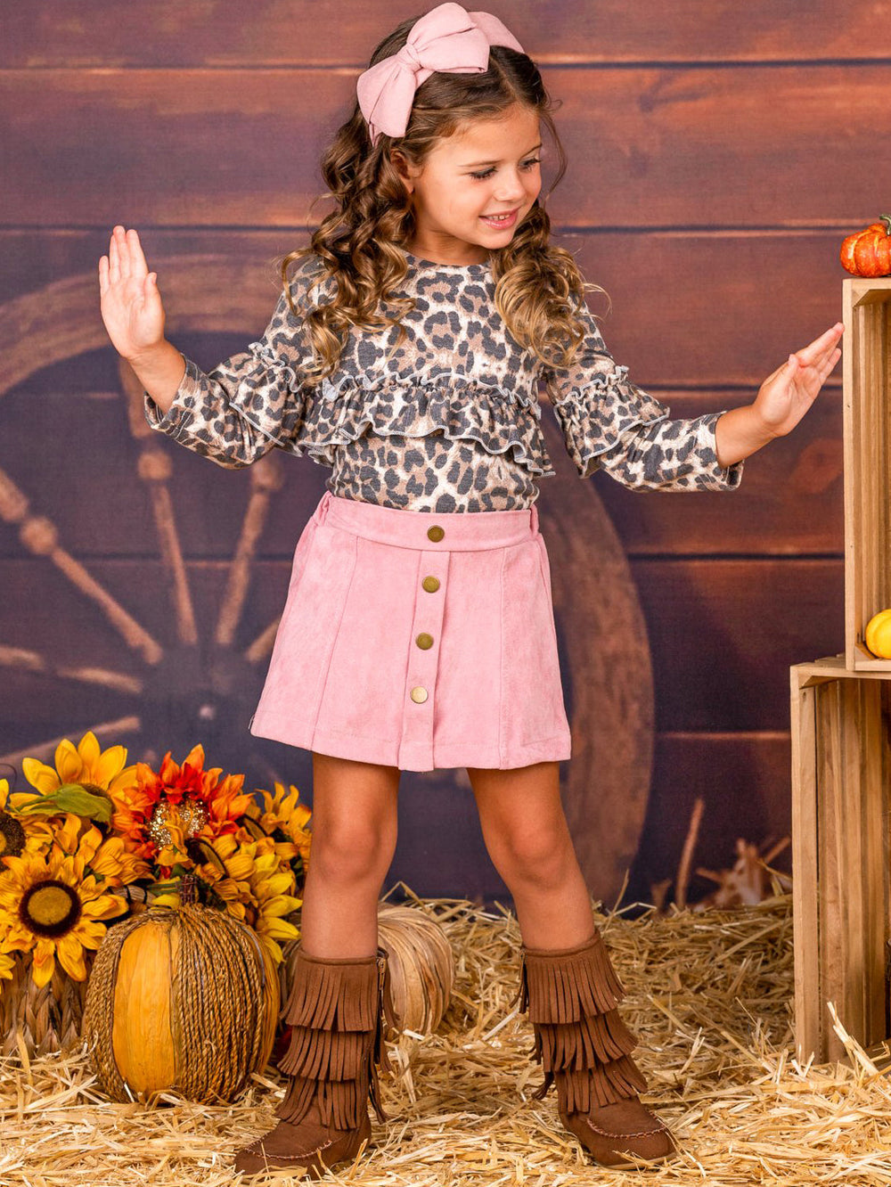 Girls Leopard Print Ruffle Top & Suede Skirt Set - Mia Belle Girls