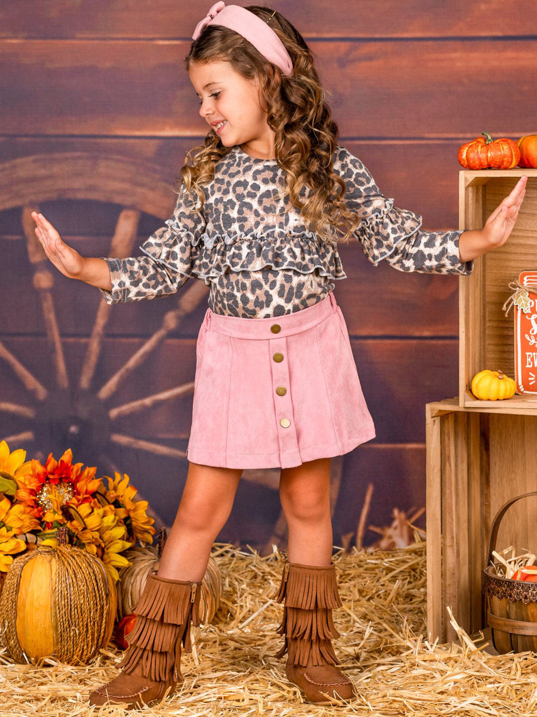 Girls Leopard Print Ruffle Top & Suede Skirt Set - Mia Belle Girls