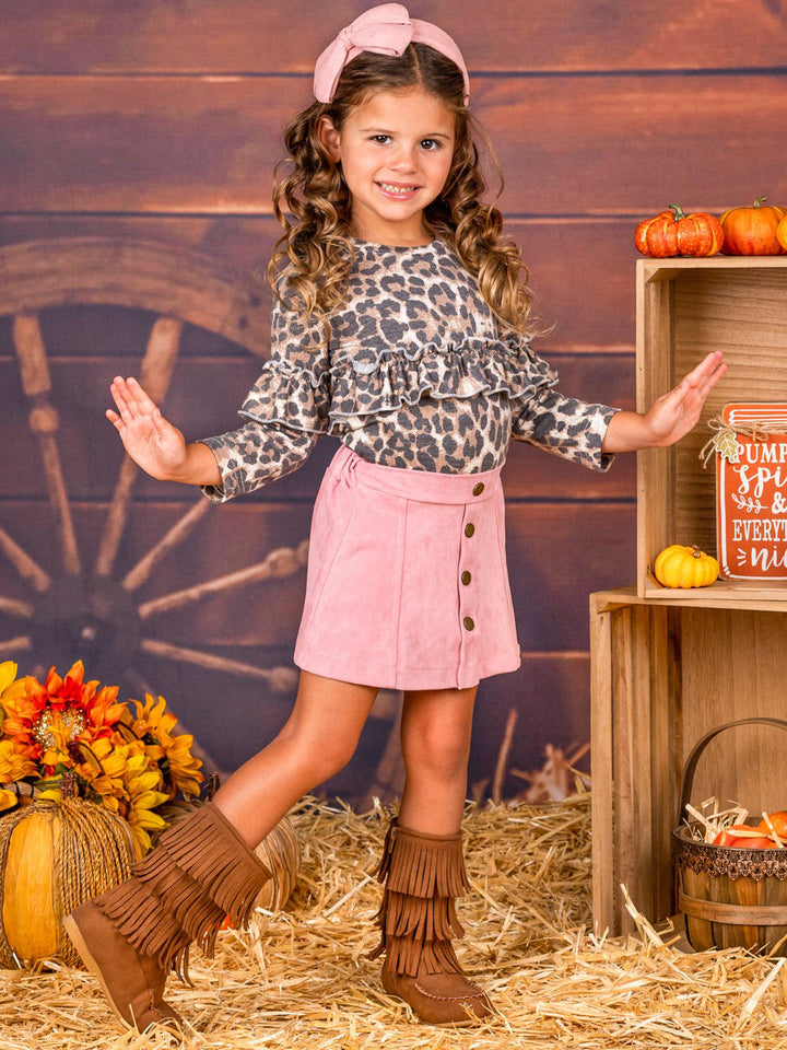 Girls Leopard Print Ruffle Top & Suede Skirt Set - Mia Belle Girls