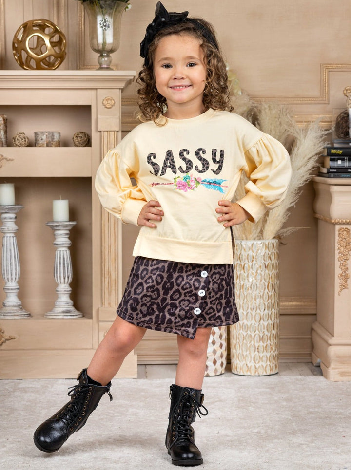 Little girls Fall long-sleeve "Sassy" graphic sweatshirt with side slits and a button-down leopard print skirt - Mia Belle Girls