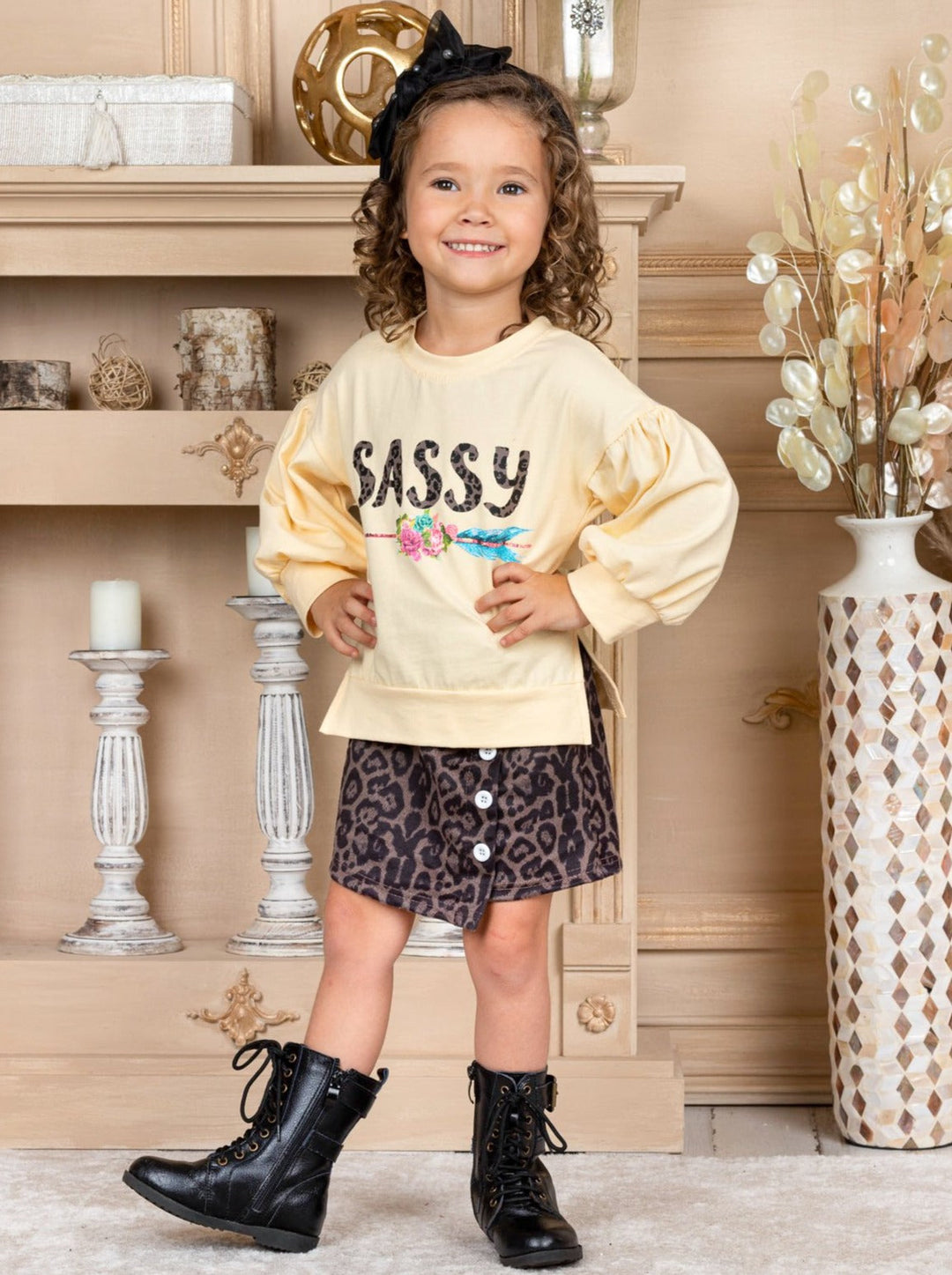 Little girls Fall long-sleeve "Sassy" graphic sweatshirt with side slits and a button-down leopard print skirt - Mia Belle Girls