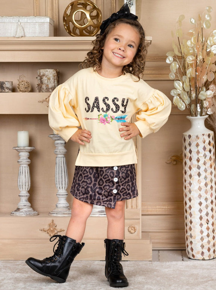 Little girls Fall long-sleeve "Sassy" graphic sweatshirt with side slits and a button-down leopard print skirt - Mia Belle Girls