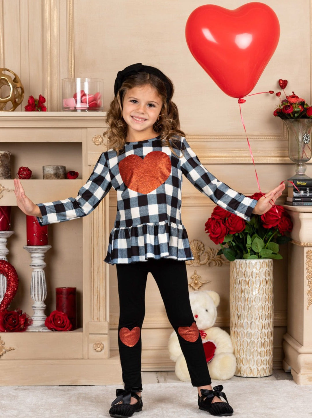 Kids Valentine's Outfit | Plaid Peplum Tunic & Heart Patch Legging Set