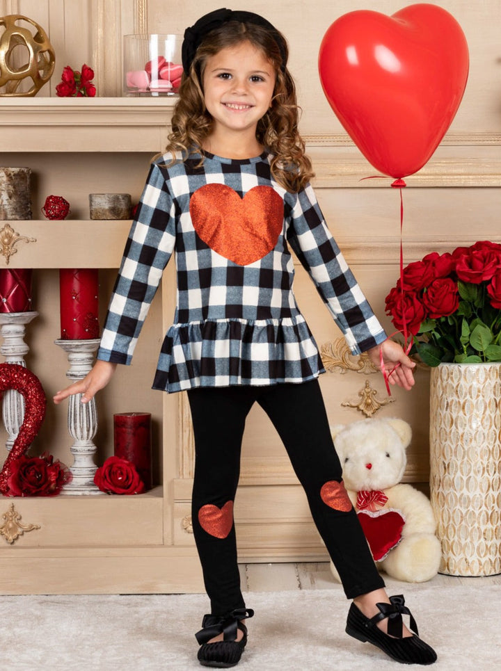 Kids Valentine's Outfit | Plaid Peplum Tunic & Heart Patch Legging Set