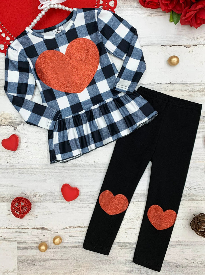 Kids Valentine's Outfit | Plaid Peplum Tunic & Heart Patch Legging Set