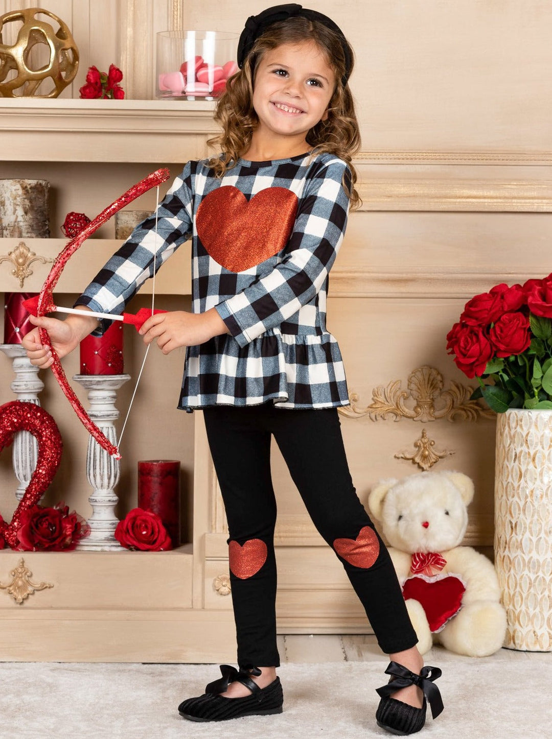 Kids Valentine's Outfit | Plaid Peplum Tunic & Heart Patch Legging Set