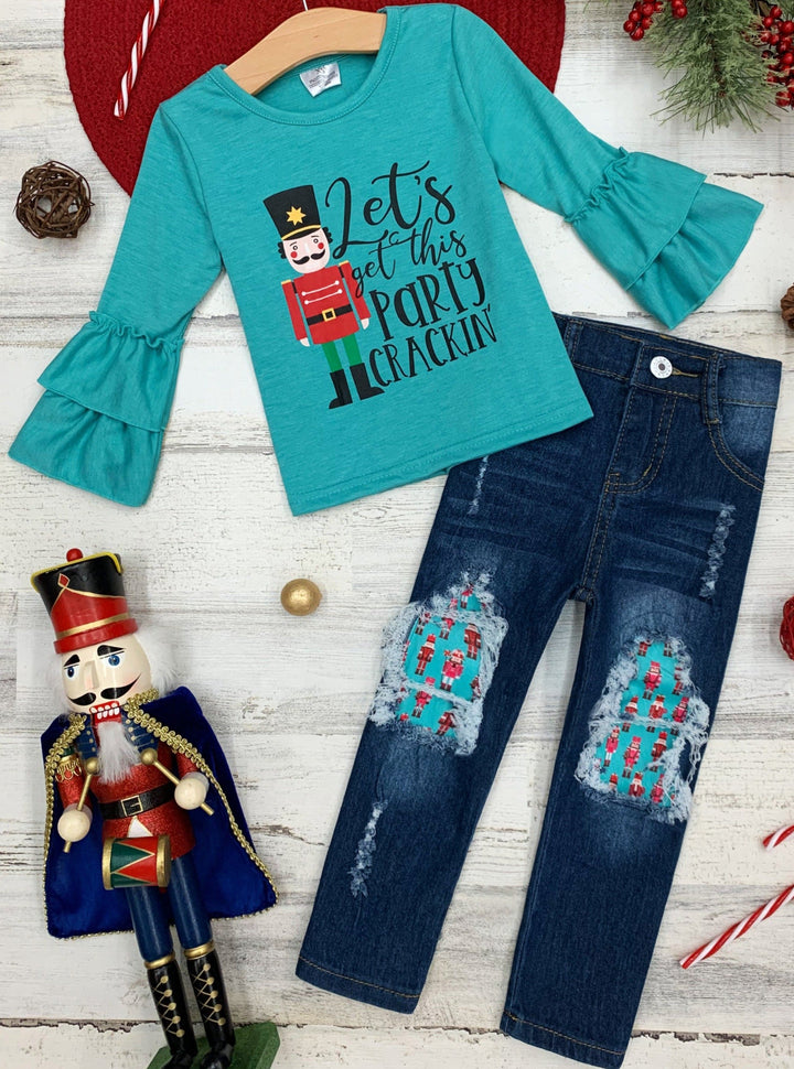 Cute Winter Sets | Girls Nutcracker Ruffle Top And Patched Jeans Set