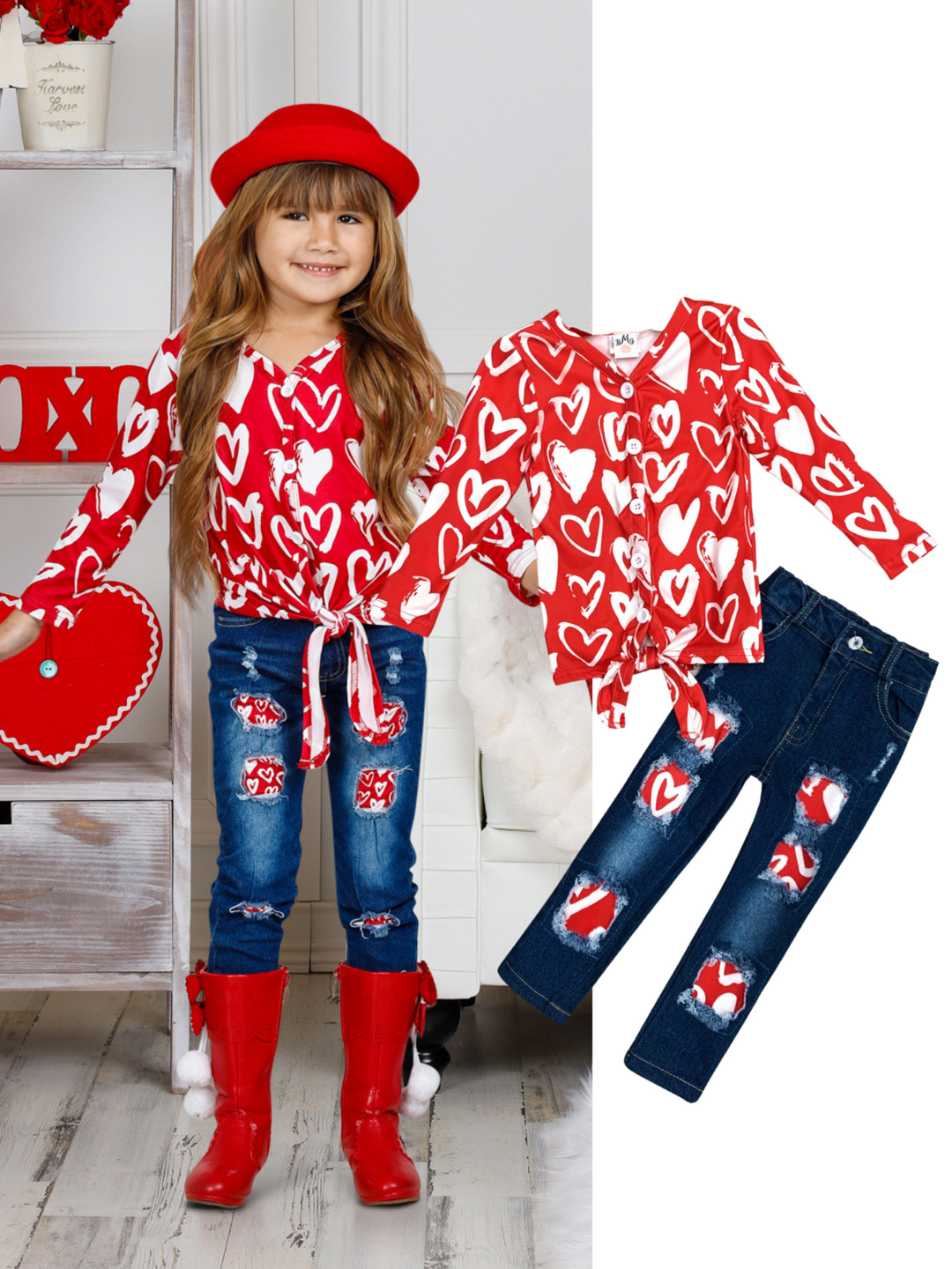 Toddler Valentine's Day Outfit| Girls Knot Hem Top & Patched Denim Set