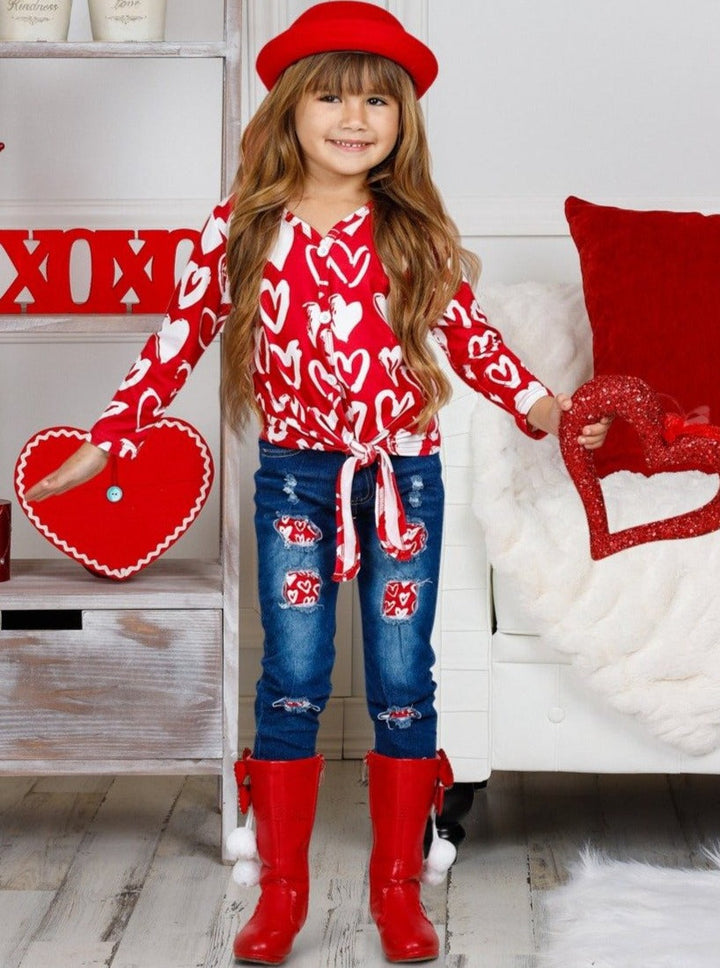 Toddler Valentine's Day Outfit| Girls Knot Hem Top & Patched Denim Set