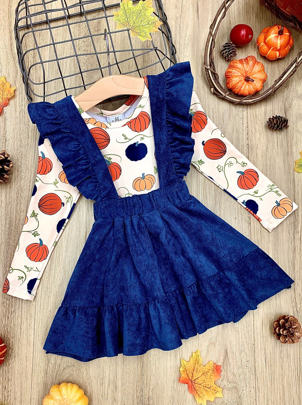 Little girls long-sleeve pumpkin print top and velvet pinafore skirt with ruffle straps and hem - Mia Belle Girls