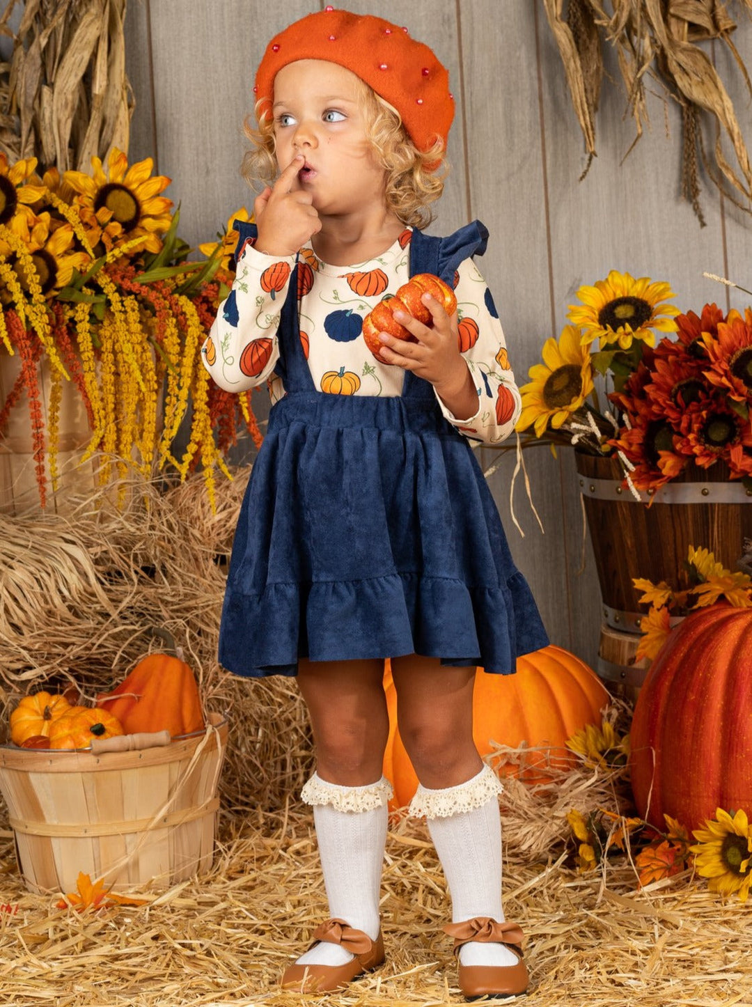 Girls Fall Outfit | Pumpkin Top & Pinafore Skirt Set - Mia Belle Girls