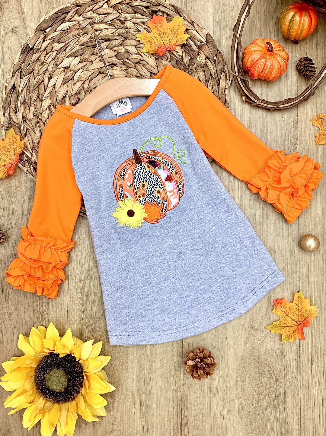 Girls Cute Fall Pumpkin Print Ruffled Raglan Top - Mia Belle Girls