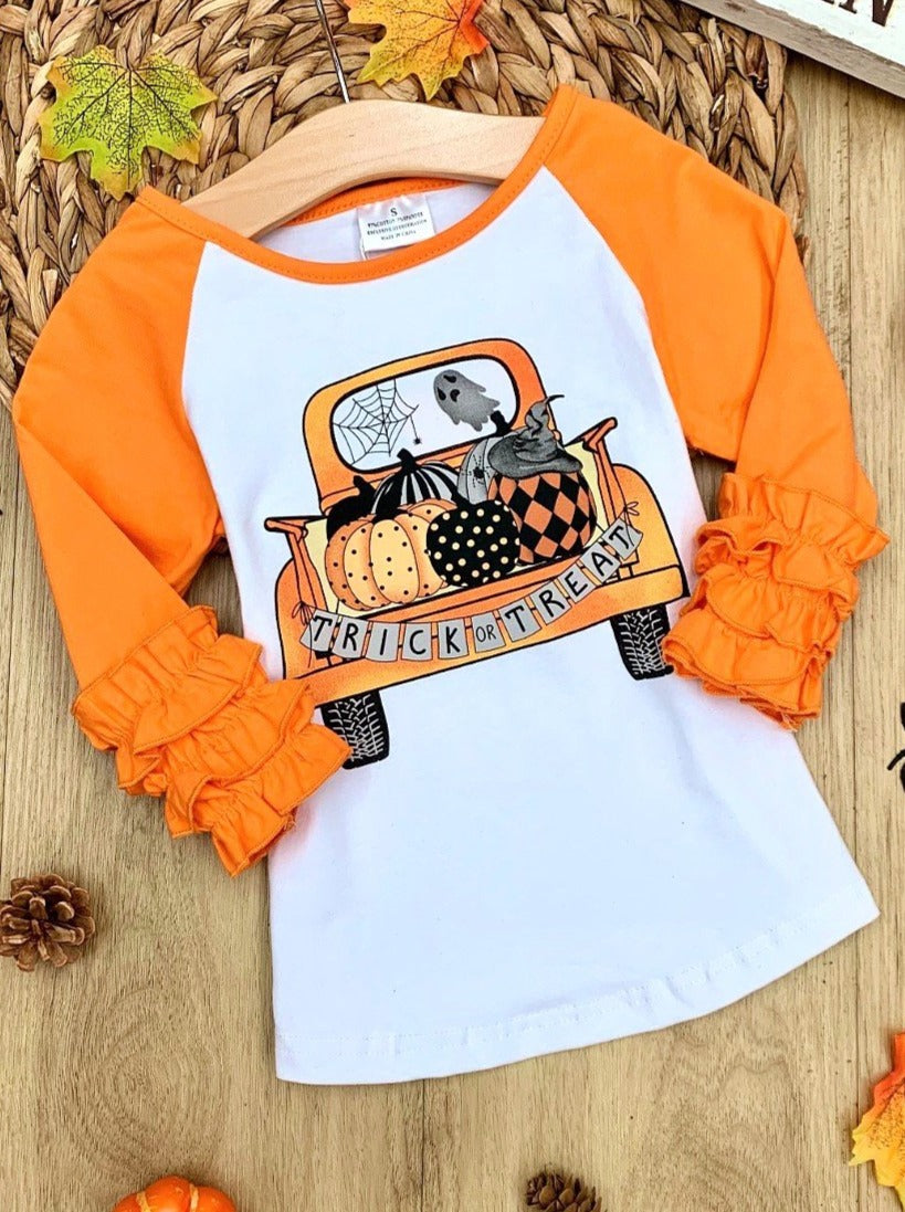  Girls Cute Fall Tops | Pumpkin Truck Raglan Top - Mia Belle Girls