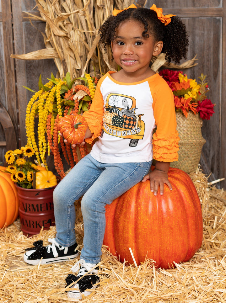  Girls Cute Fall Tops | Pumpkin Truck Raglan Top - Mia Belle Girls