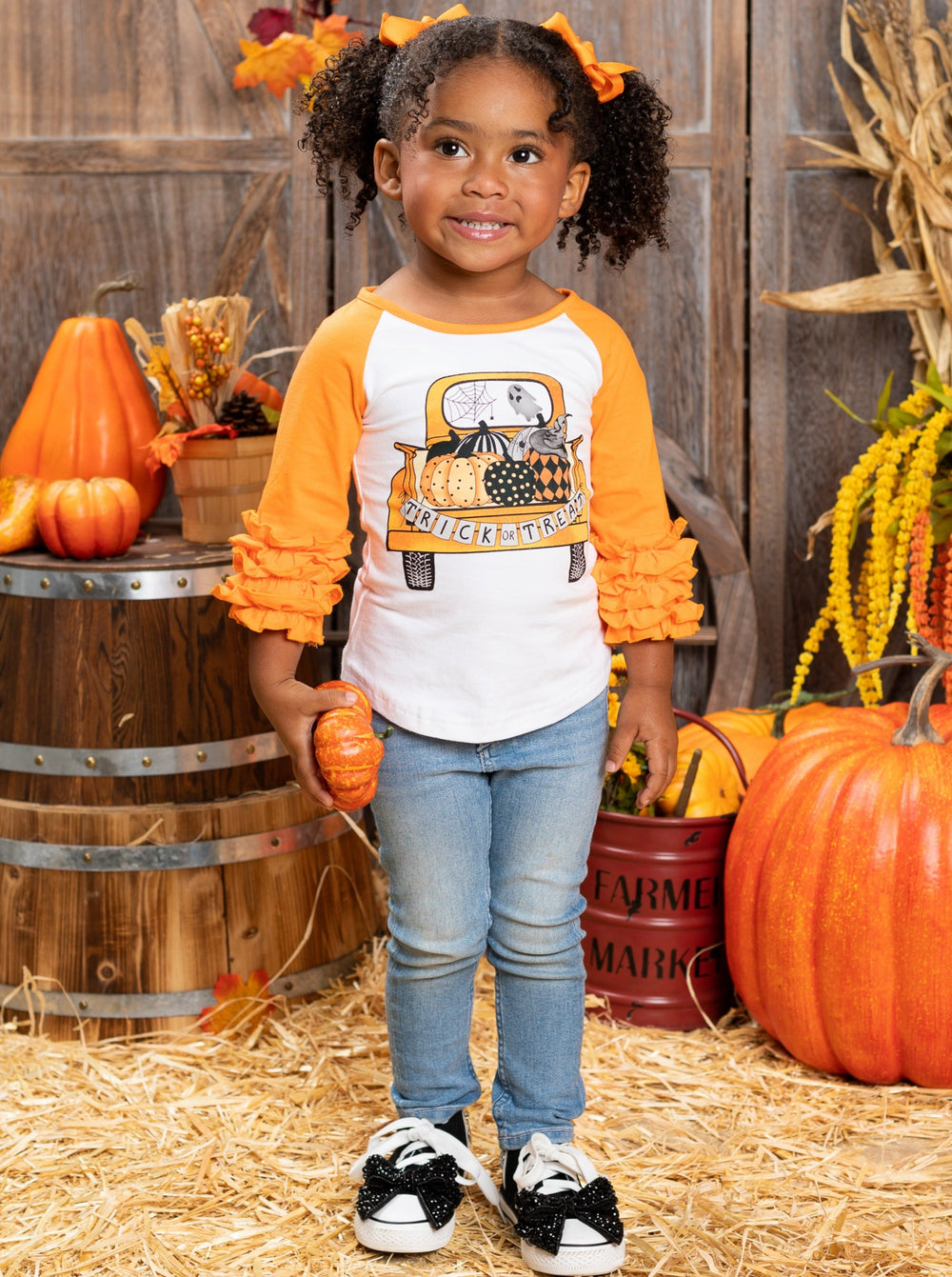  Girls Cute Fall Tops | Pumpkin Truck Raglan Top - Mia Belle Girls