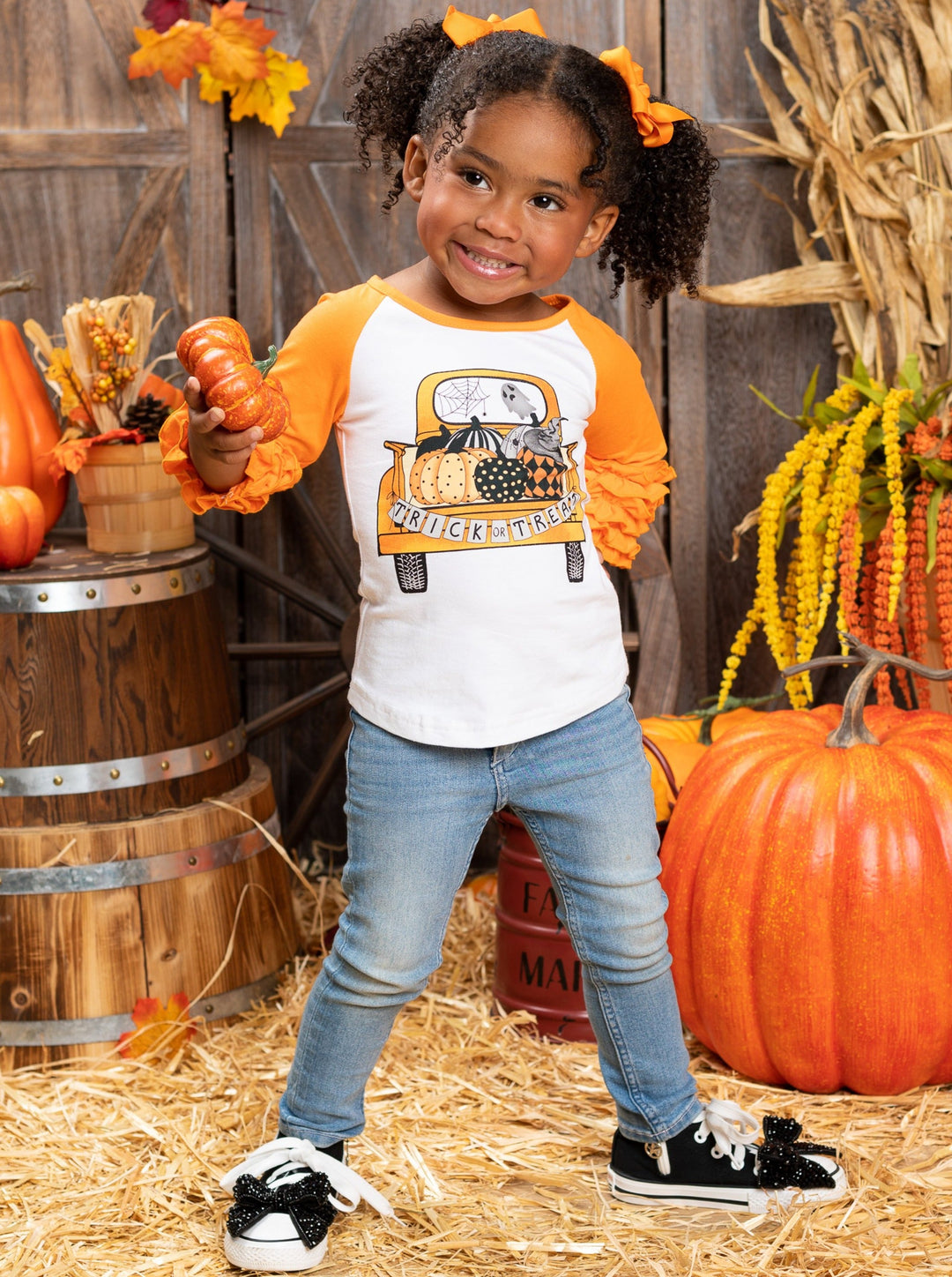  Girls Cute Fall Tops | Pumpkin Truck Raglan Top - Mia Belle Girls