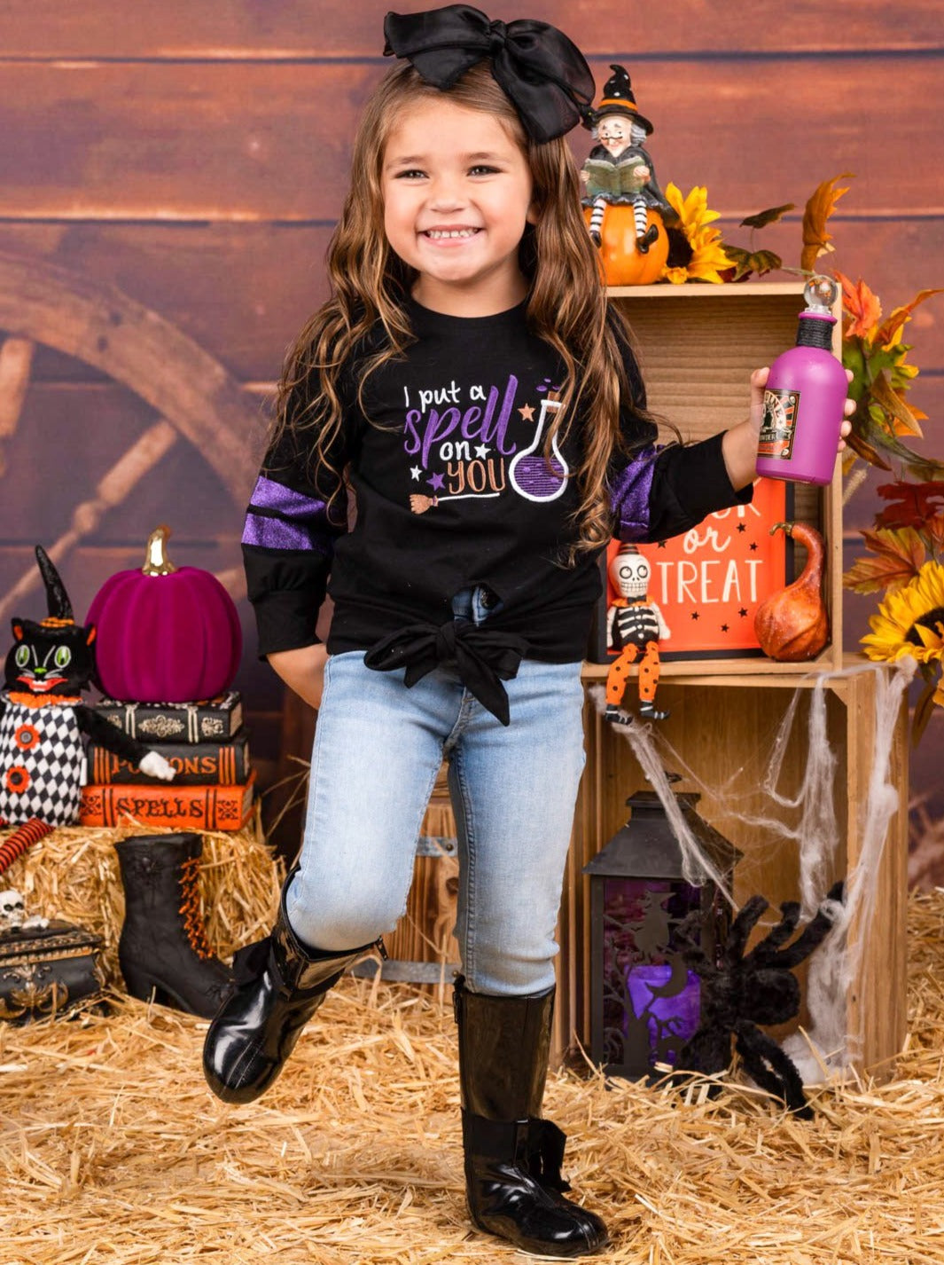 Girls Halloween "I Put A Spell On You" Knot Hem Top - Mia Belle Girls