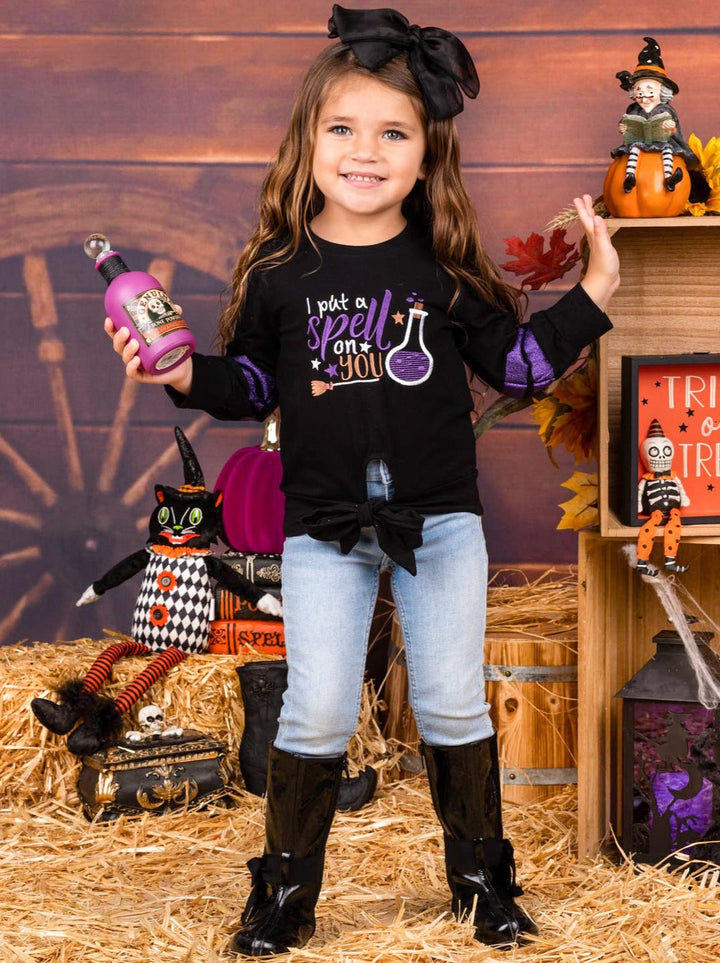 Girls Halloween "I Put A Spell On You" Knot Hem Top - Mia Belle Girls