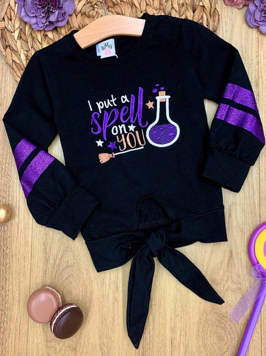 Little girls Halloween long-sleeve double purple glitter stripe knot hem top with "I Put On A Spell On You" graphic design - Mia Belle Girls