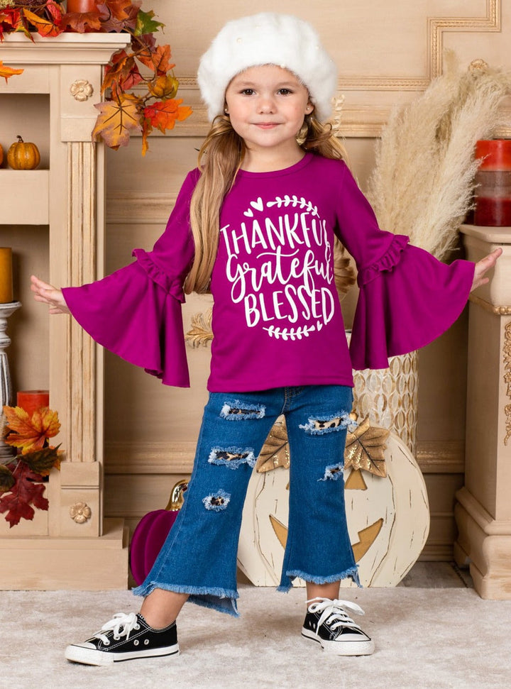 Girls "Thankful Grateful Blessed" Boho Sleeve Top  Fushia