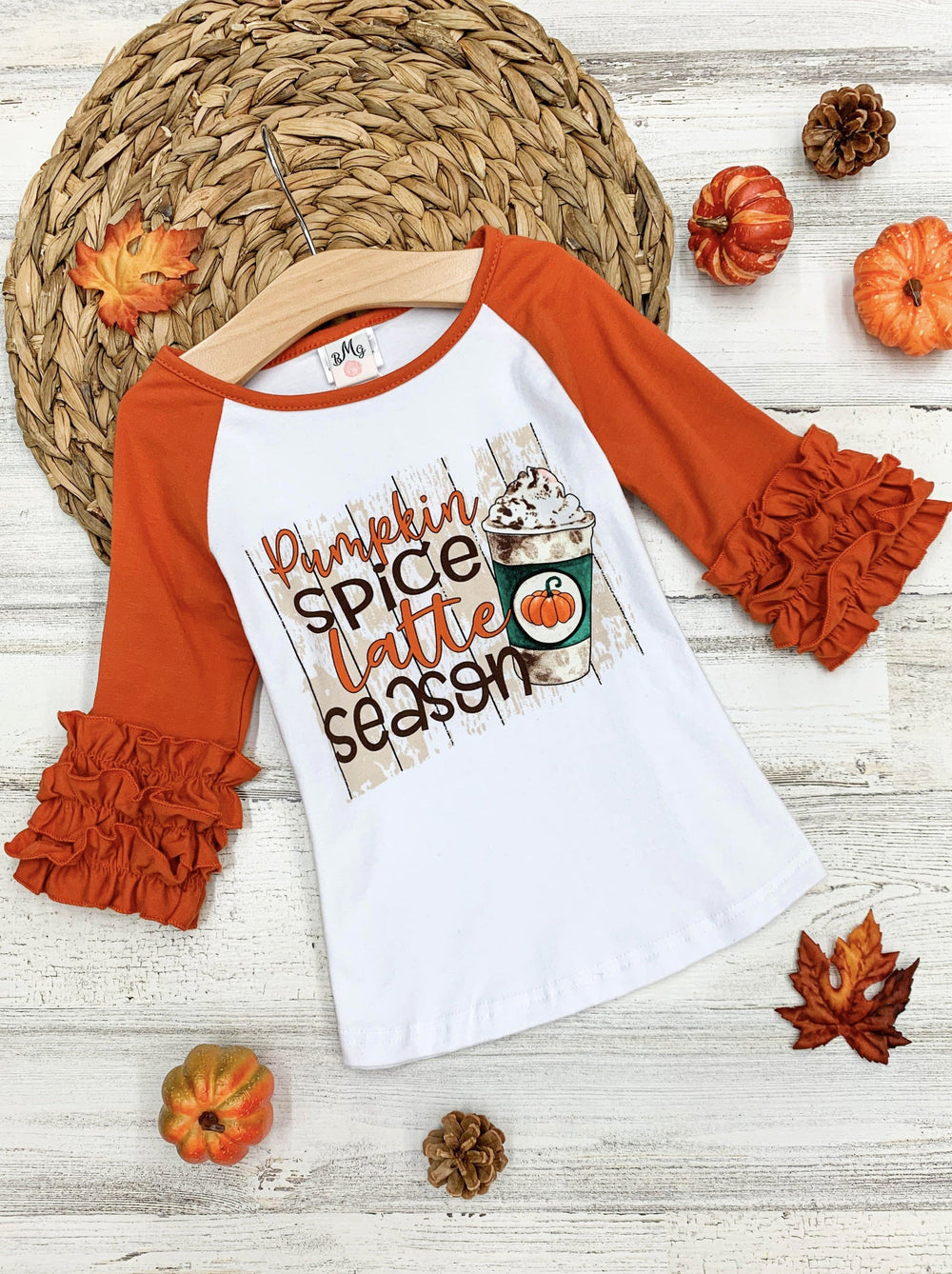 Girls Fall Tops | Pumpkin Spice Ruffle Raglan Top - Mia Belle Girls