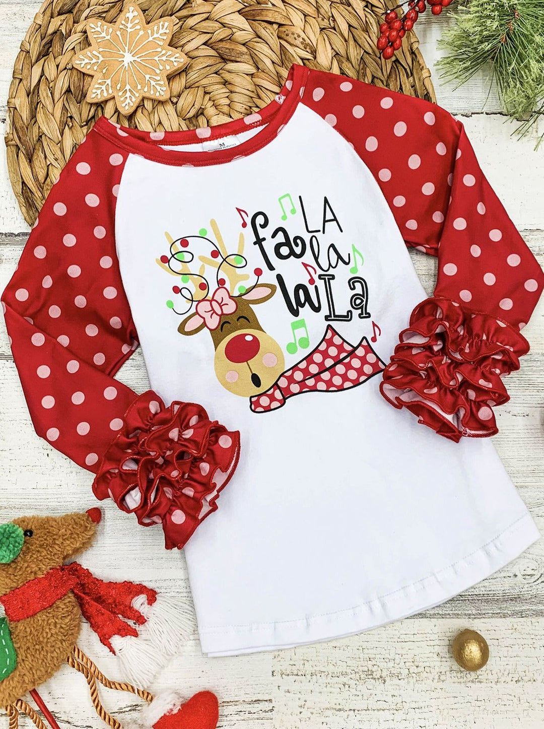 Cute Winter Tops | Girls Reindeer Polka Dot Ruffle Cuff Raglan Top