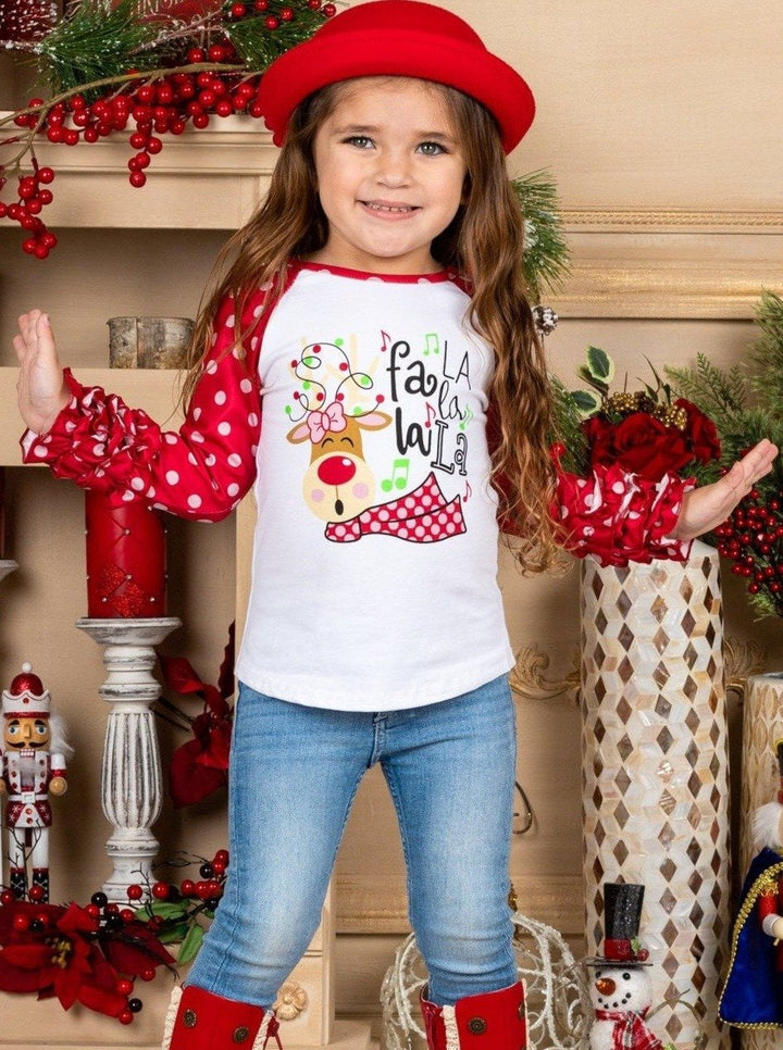 Cute Winter Tops | Girls Reindeer Polka Dot Ruffle Cuff Raglan Top