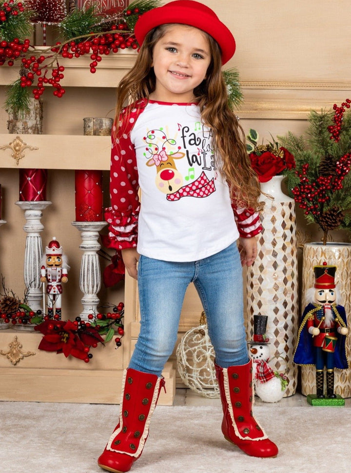 Cute Winter Tops | Girls Reindeer Polka Dot Ruffle Cuff Raglan Top