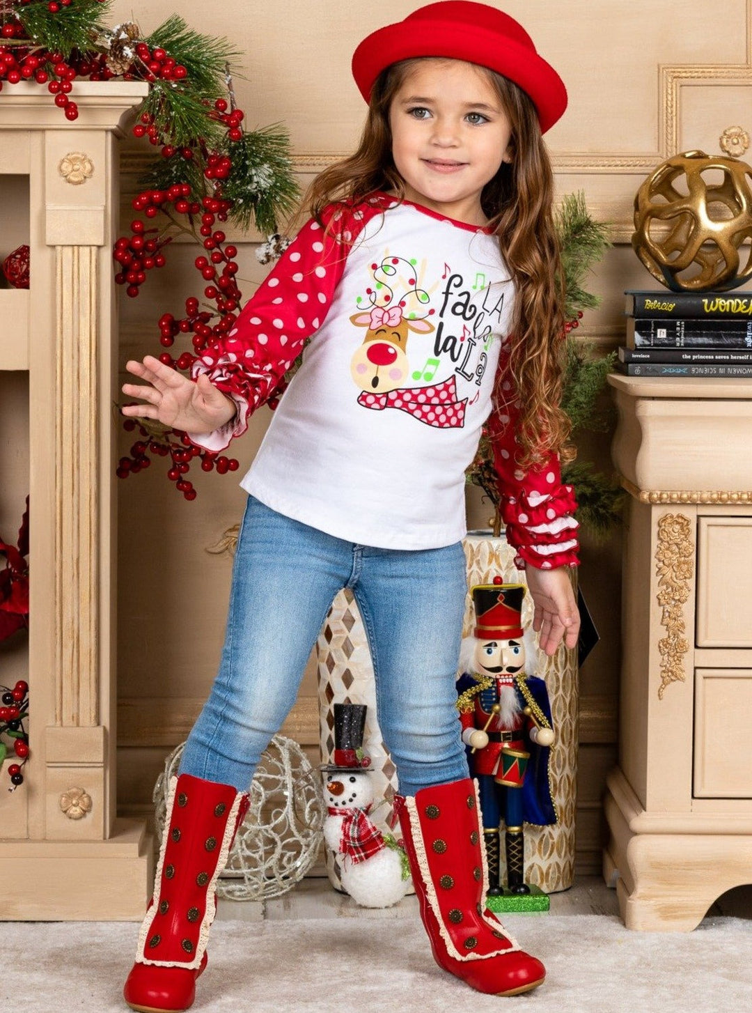 Cute Winter Tops | Girls Reindeer Polka Dot Ruffle Cuff Raglan Top