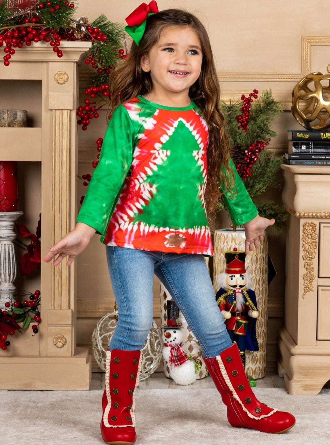 Cute Winter Tops | Girls Long Sleeve Tie Dye Christmas Tree Print Top