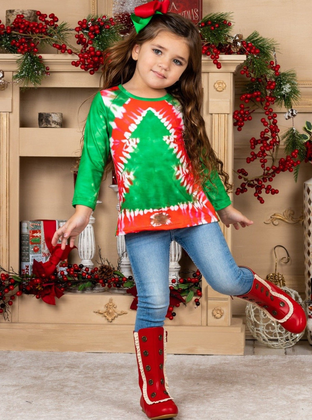 Cute Winter Tops | Girls Long Sleeve Tie Dye Christmas Tree Print Top