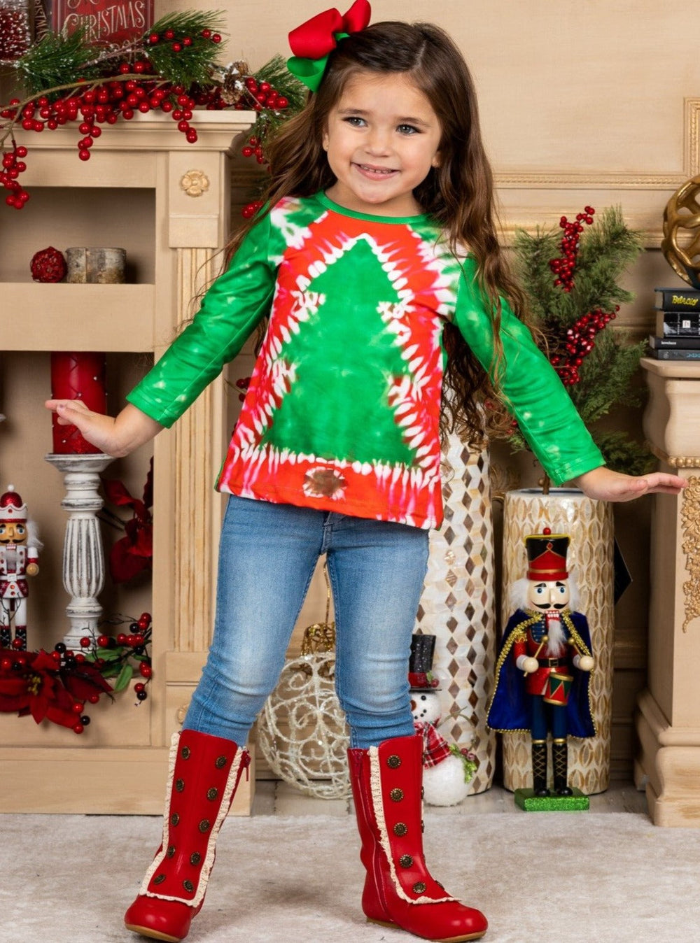 Cute Winter Tops | Girls Long Sleeve Tie Dye Christmas Tree Print Top