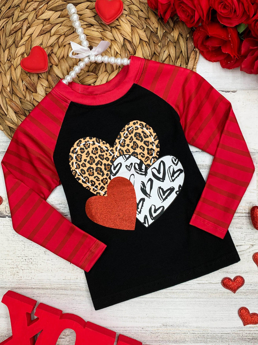 Girls Valentine's Top | Mixed Heart Print Long Sleeve Raglan Top