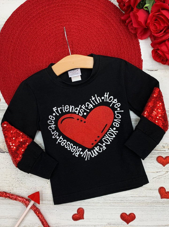 Kids Valentine's Tops | Girls Sequin Heart Long Sleeve Graphic Top